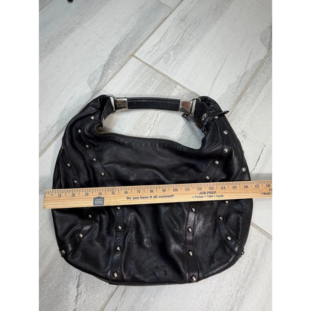Stuart Weitzman Black Leather Studded Hobo Shoulder Bag Silver Hardware